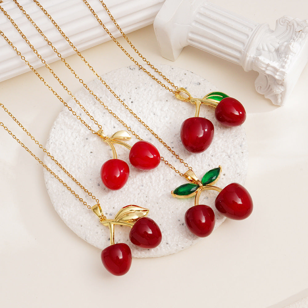 Wholesale Necklace for Women Fruit Red Cherry Pendant Metal Clavicle Necklace