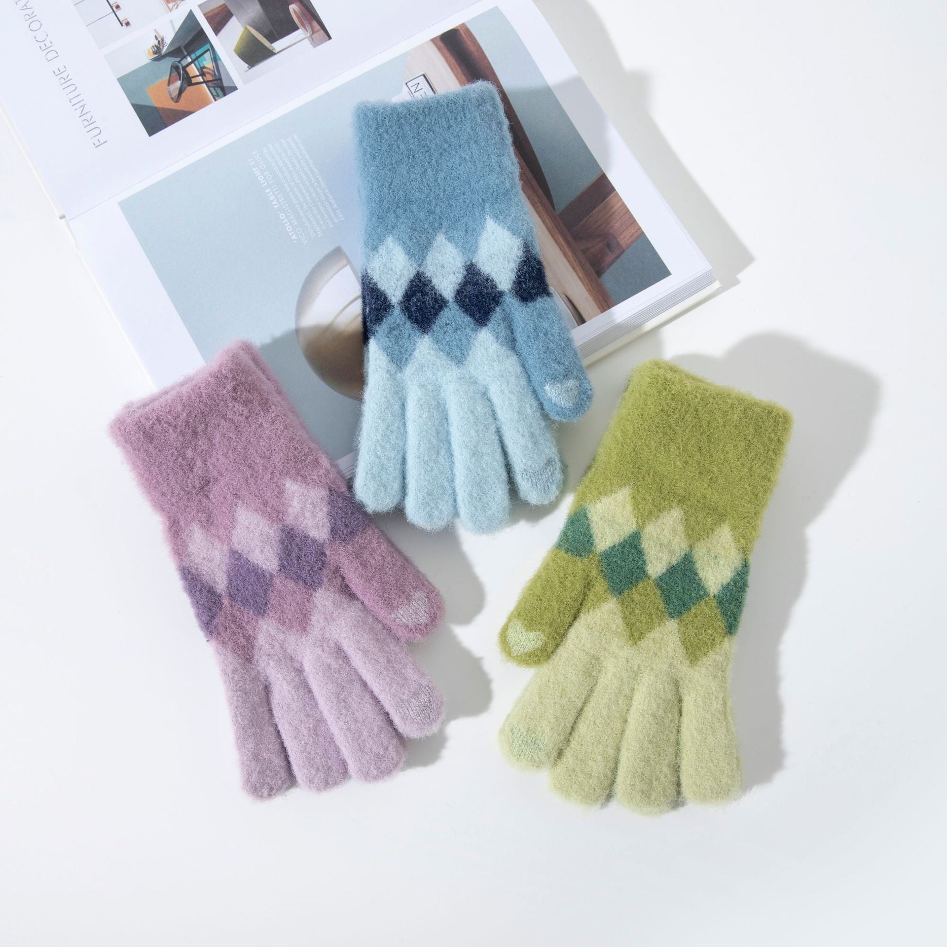 Wholesale Imitation Mink Rhombus Knitted Plush Cold-proof and Warm Touch Screen Gloves