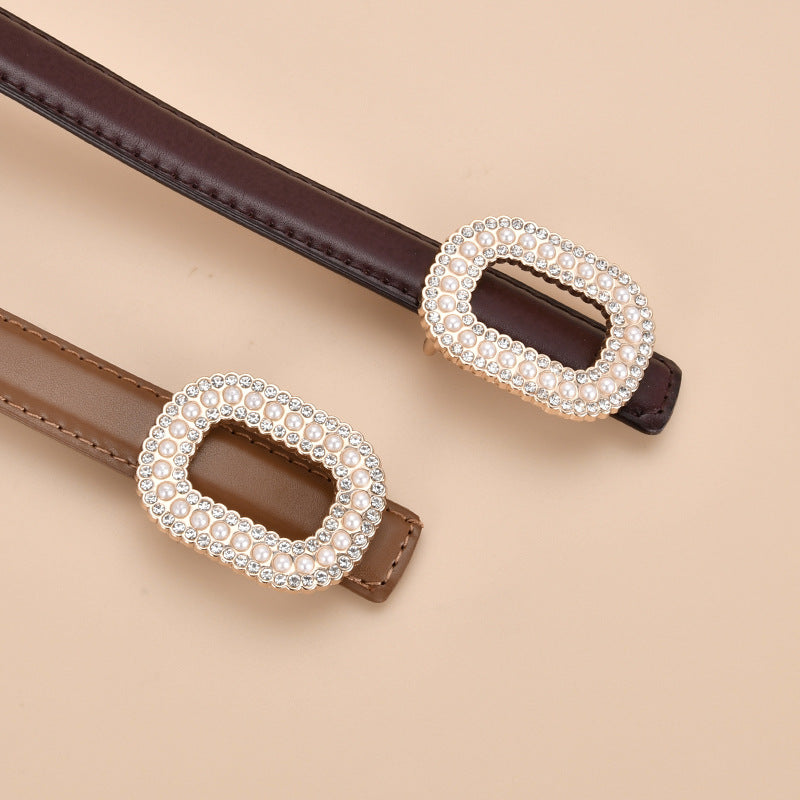 Wholesale Versatile Genuine Leather Belt with Round Buckle Inlaid with Pearls and Rhinestones