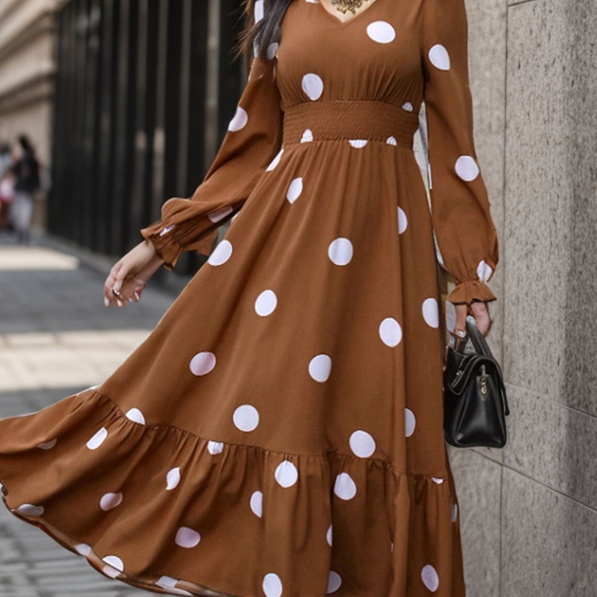 Wholesale Polyester Women's V Neck Polka Dot Print Long Sleeve Waist Midi Dress