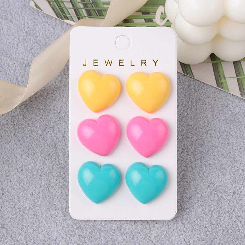 Wholesale Japanese Style Fresh Candy Colored Love Three Piece Set Acrylic Simple and Fashionable Earrings