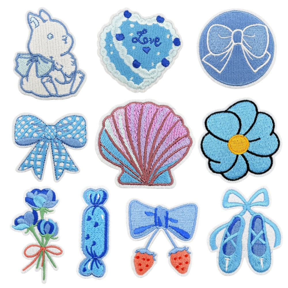 Wholesale Trendy Blue Series Embroidered Cartoon Candy Patches Cute Sew On Clothing Applique Everyday Craft Supply For Resale