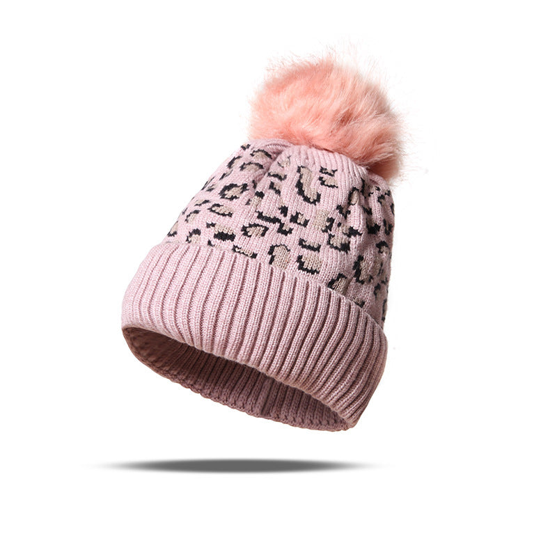 Wholesale Autumn and Winter Knitted Hat Leopard Print Wool Ball Beanie