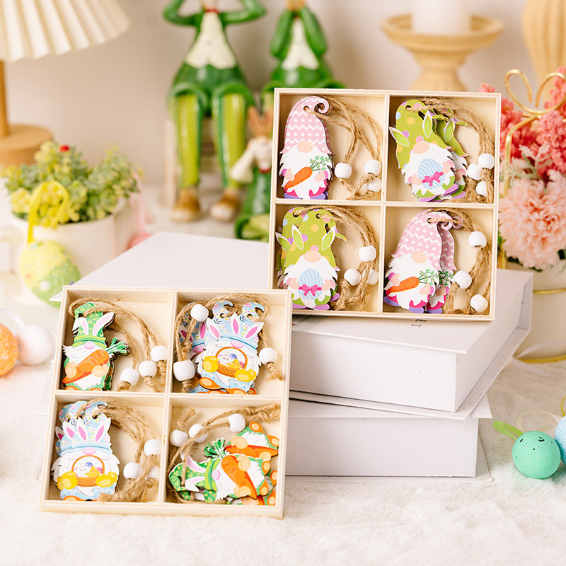 Wholesale Easter 4-grid Wooden Boxes with Wooden Dwarf Radish Pendant Decorations