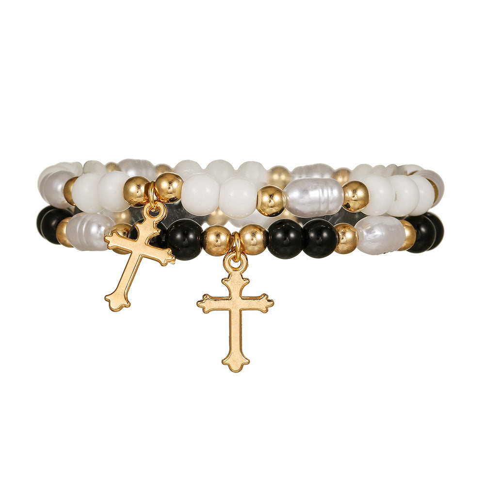 Wholesale Cross Pendant Black Onyx Imitation Pearl Beaded Bracelet