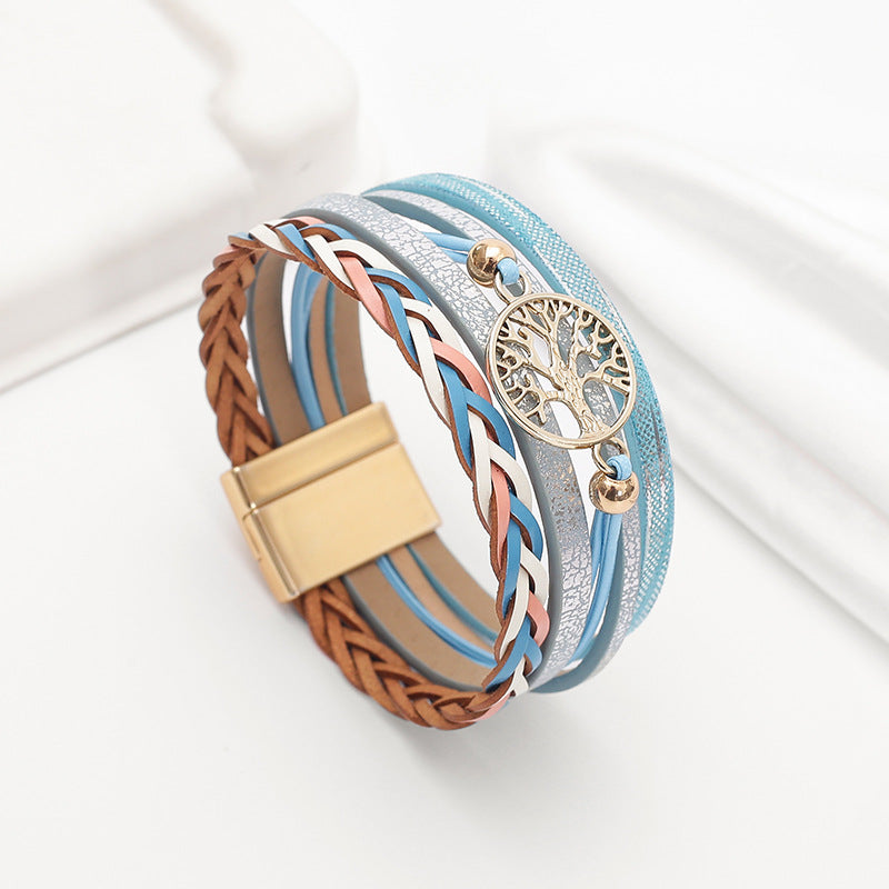 Wholesale Bohemian multi-layered leather hand-woven diamond magnetic clasp bracelet