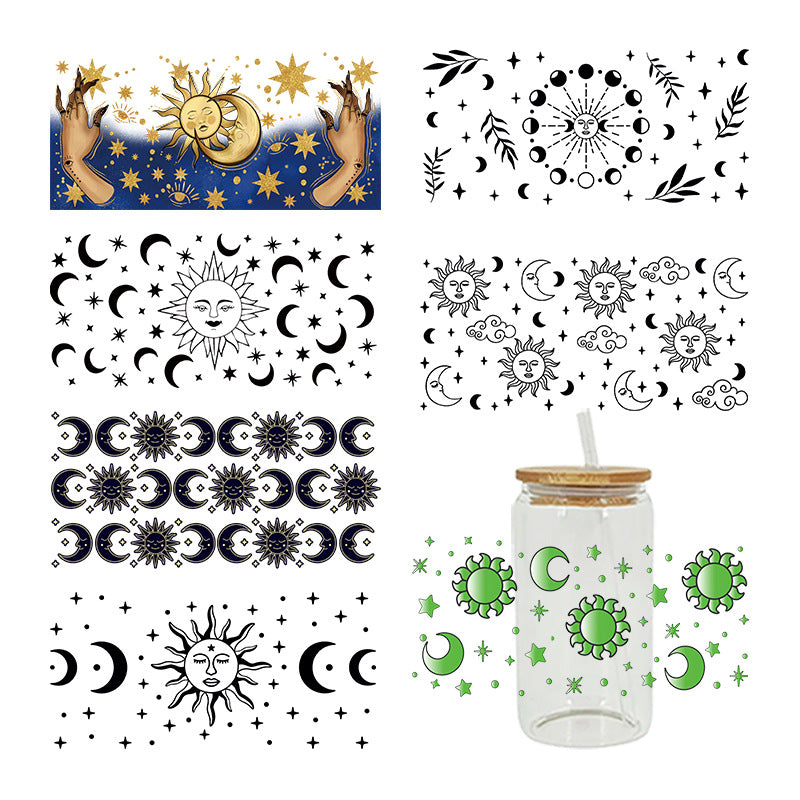 Wholesale Colorful Cartoon Cute Sun  Moon  and Stars Theme 16oz Cup UV DTF Wraps
