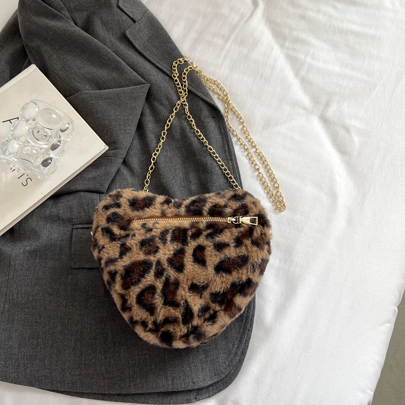 Wholesale Leopard Print Plush Heart Crossbody Bag