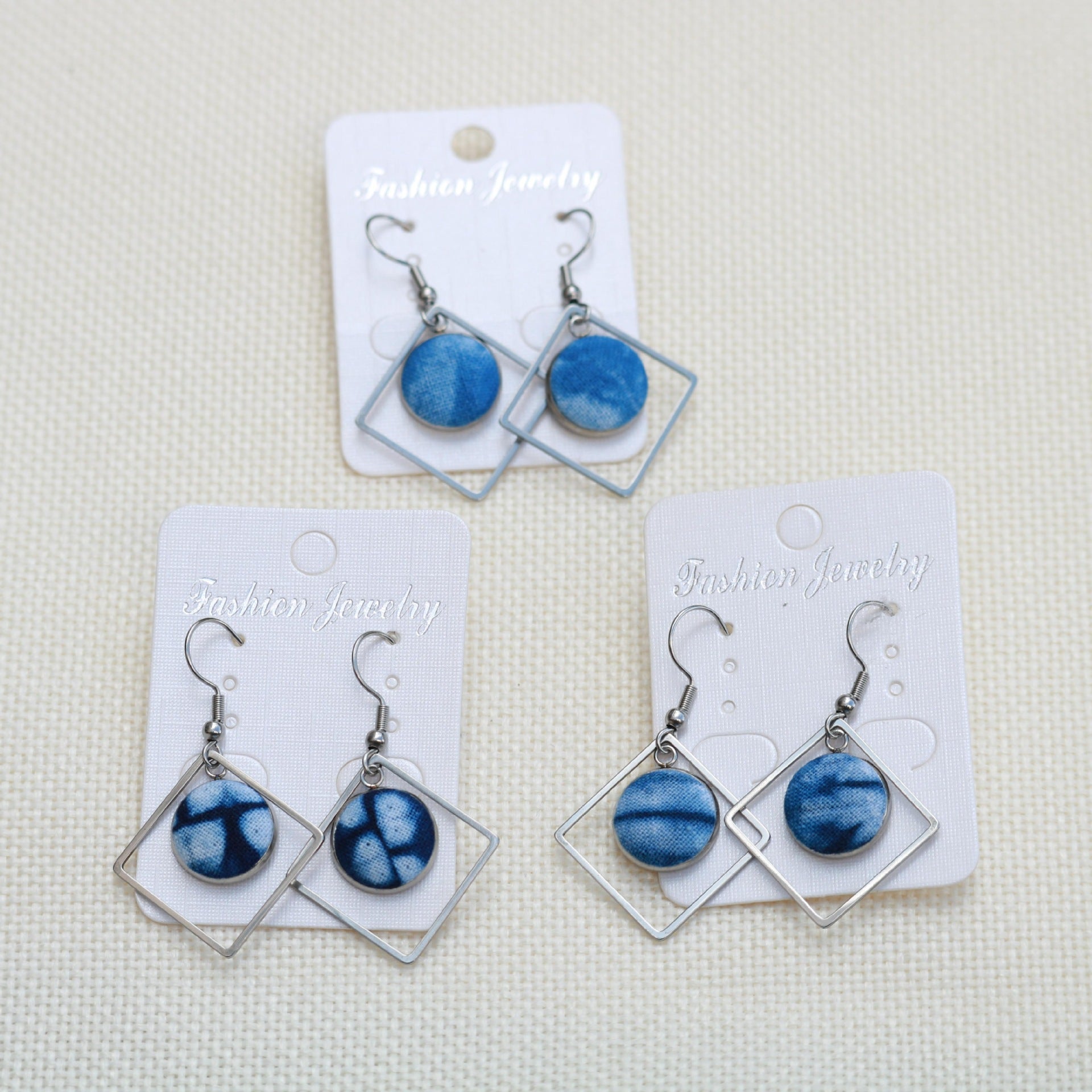 Wholesale Ethnic Style Earrings Tie-Dye Blue Dye Batik Hand-Woven Fabric Buckle Earrings Earrings