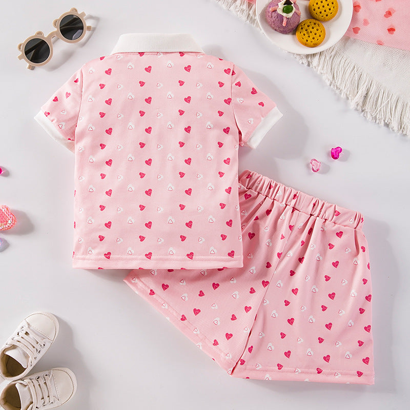 Wholesale Toddler Girl Summer Two Piece Set Pink Heart Print Polo T Shirt With Shorts Korean Style Party Outfit