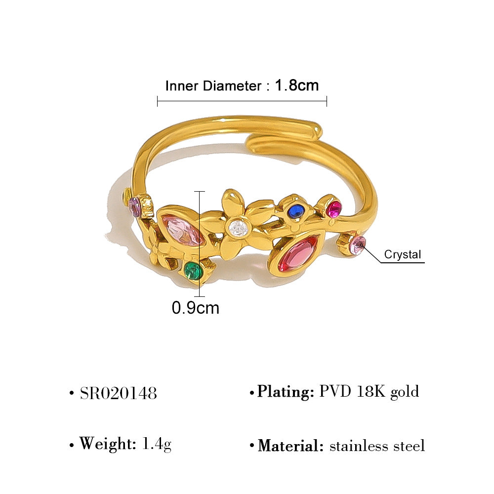 Wholesale rainbow zircon leaf ring women' s 18K gold titanium steel open ring