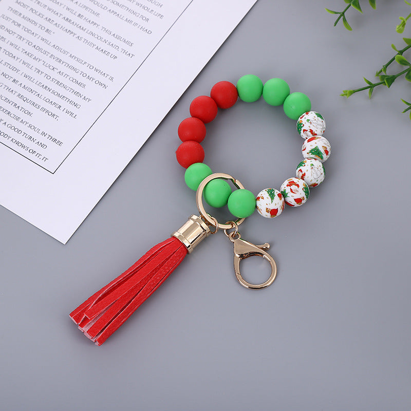 Wholesale Christmas New Silicone Beads PU Tassel Wooden Beads Bracelet Keychain