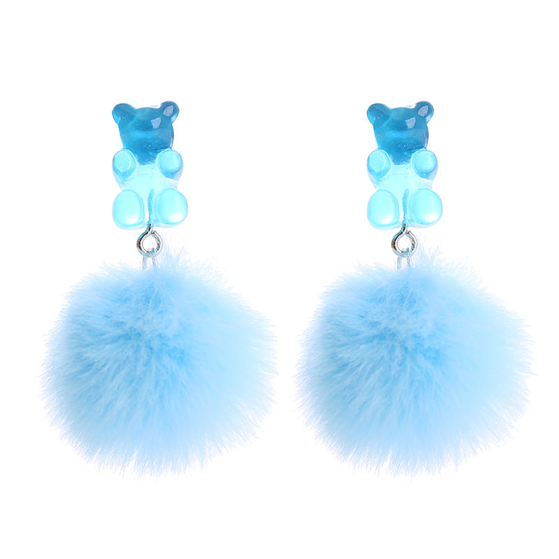 Wholesale Bear Candy Color Fur Ball Earrings