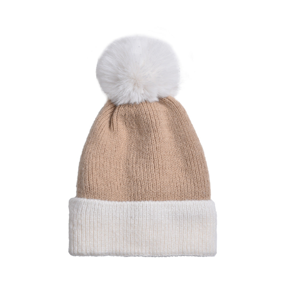 Wholesale Wool Ball Color Matching Knitted Hat Autumn and Winter Plus Velvet Thickened Windproof and Cold-proof Woolen Hat