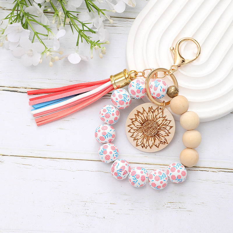 Wholesale Summer Holiday Style Fresh Colorful Wooden Beads Tassel Wood Wrist Keychain