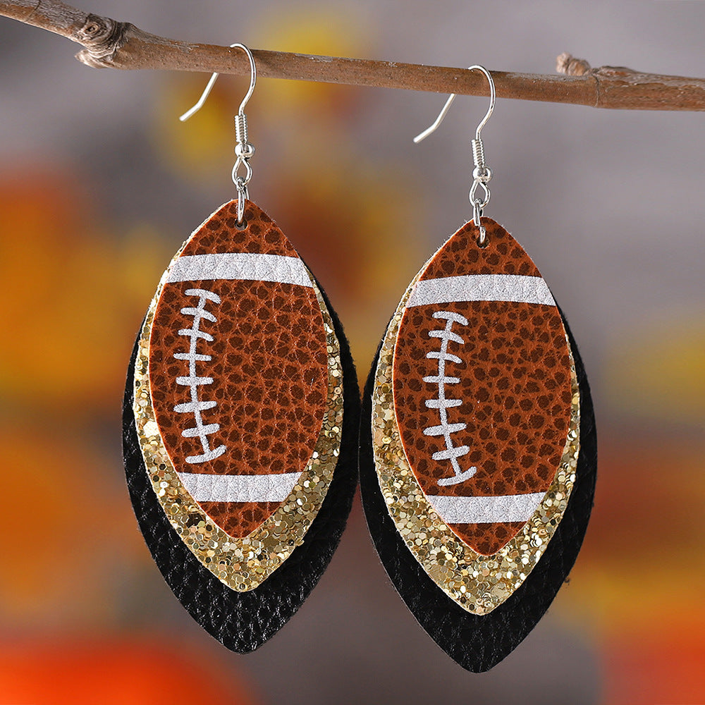 Wholesale Rugby Sequins Three-layer Leather Water Drop Pendant Earrings Sports Ear Jewelry