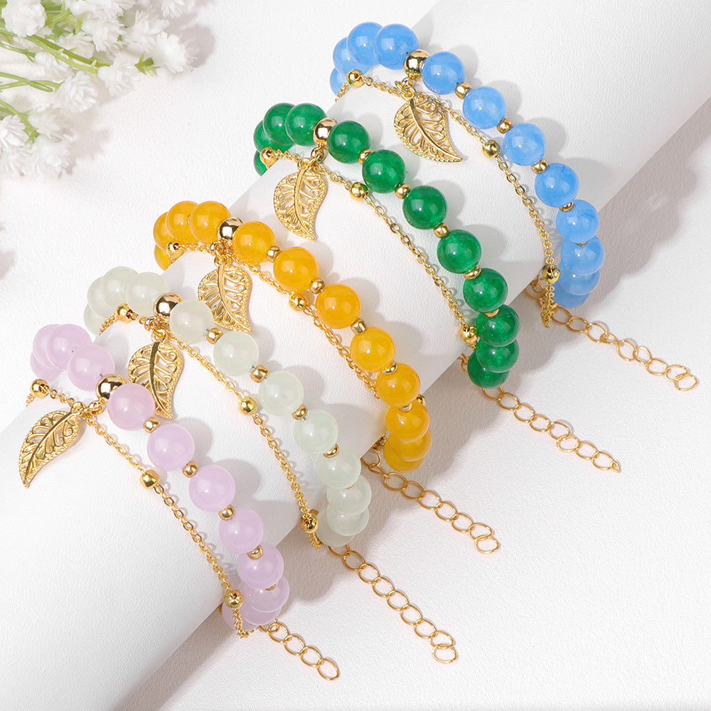 Wholesale Chalcedony Beads Leaves Pendant Alloy Double Layer Regulating Bracelet