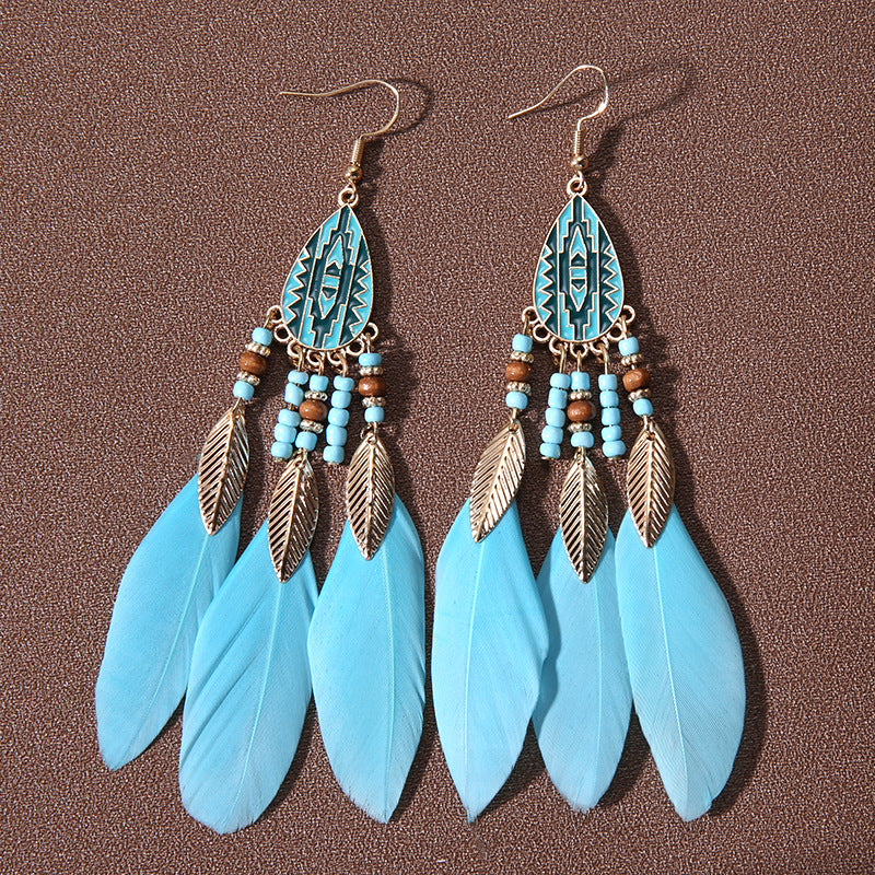 Wholesale Water drop tassel feather earrings long Bohemian rice beads ethnic style earrings