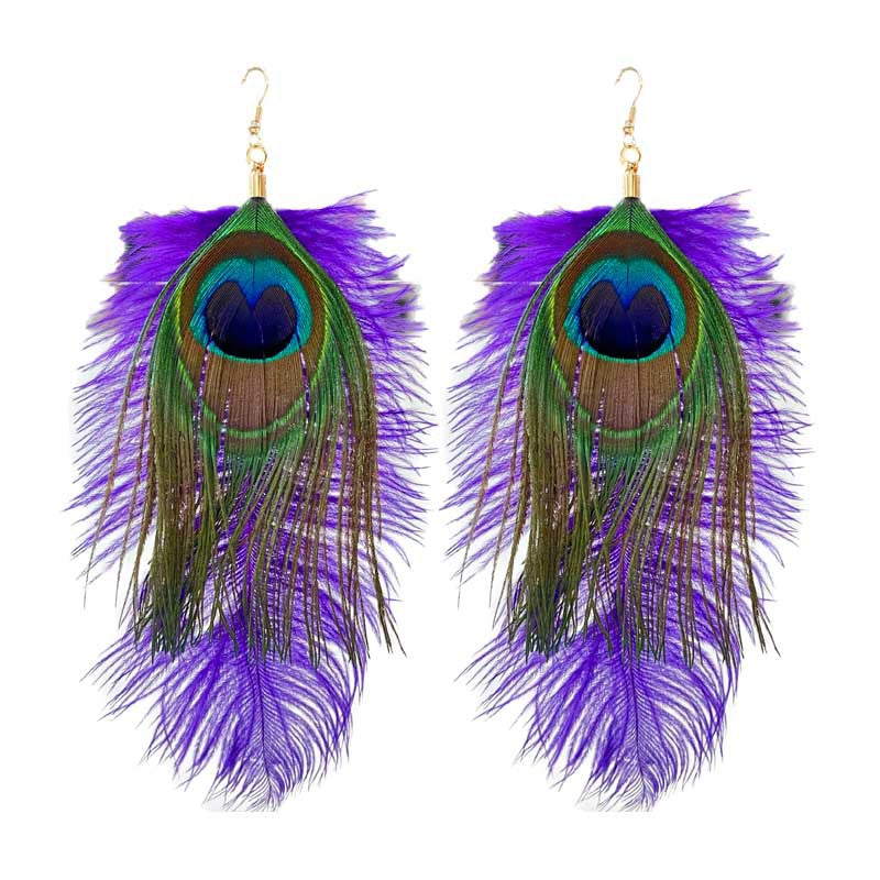 Wholesale Feather Purple Yellow Green Peacock Feather Wild Atmosphere Earrings