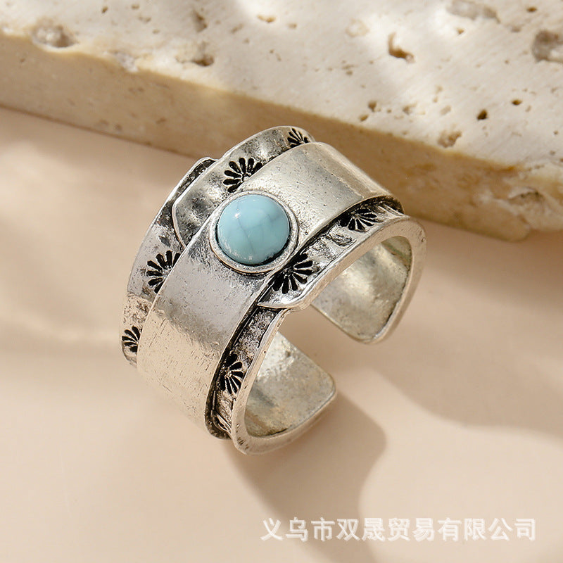 Wholesale Antique Silver Wide-rim Sunflower Pattern Turquoise Open Ring