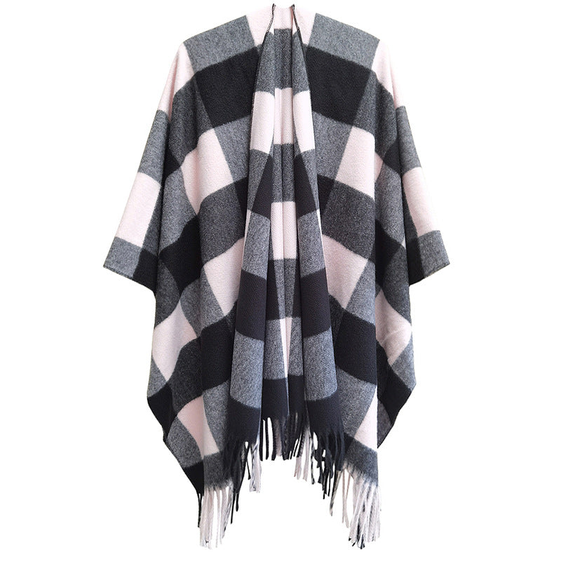 Wholesale Autumn and Winter Slit Cape Thickened Plaid Thorn Fringed Shawl