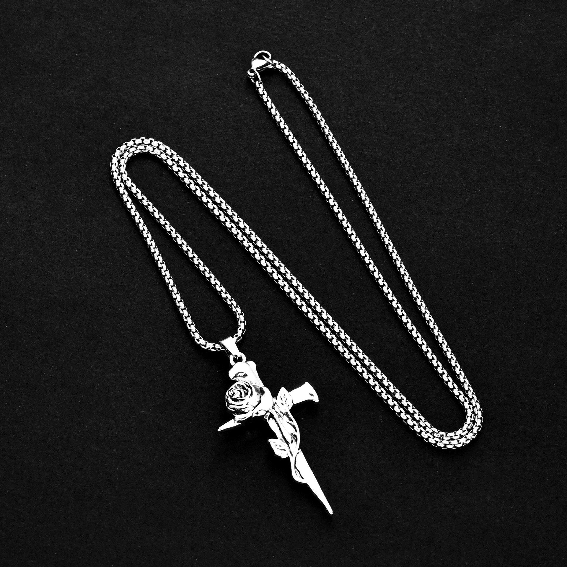 Wholesale Retro Rose Cross Hip Hop Couple Alloy Pendant Sweater Chain Necklace