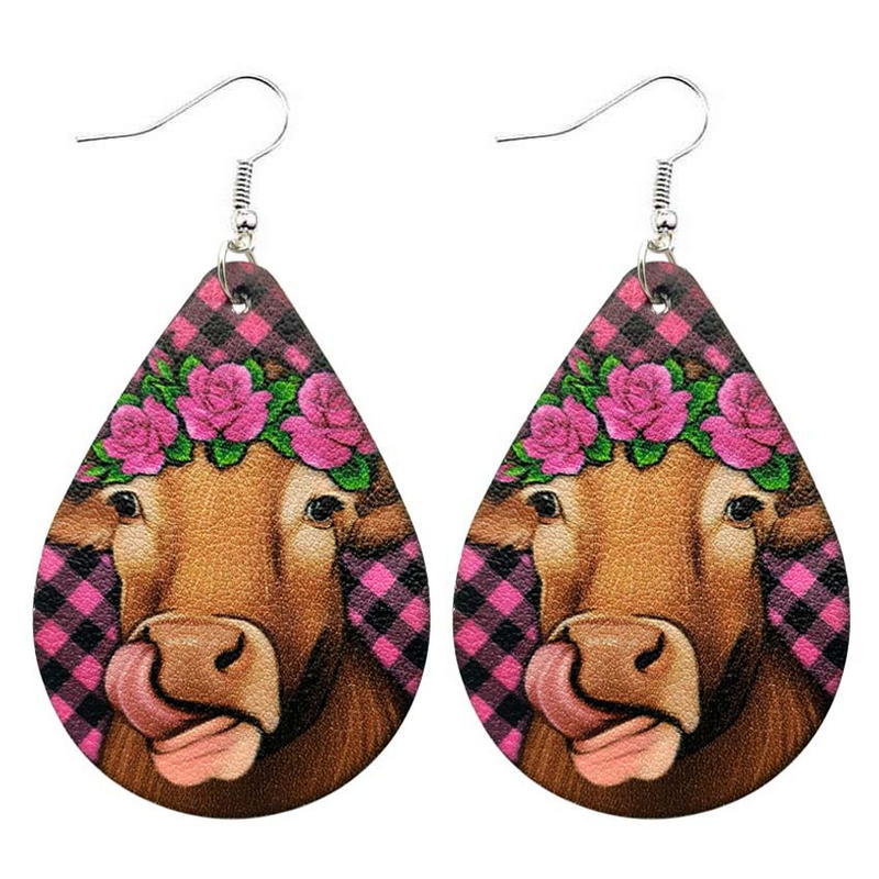 Wholesale Western Style Leopard Print Cow Head Flower Heart Valentine's Day Leather Drop Earrings