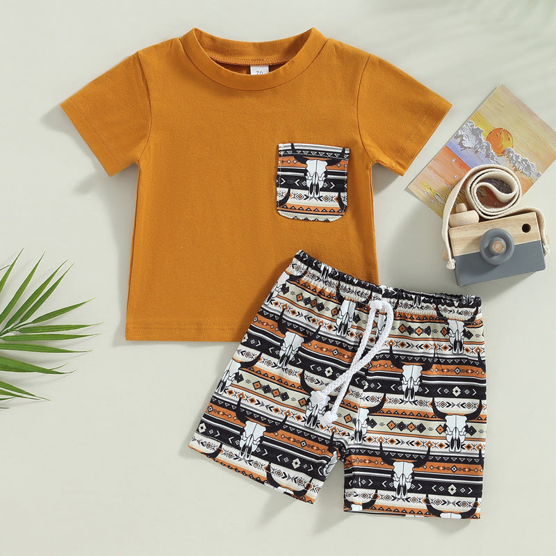 Wholesale Cotton 2023 Summer New Aztec Western Cowboy Style T-Shirt Shorts Set