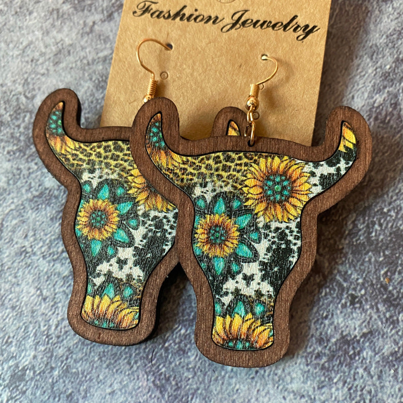 Wholesale Western Bull Head Inlaid Vintage Wood Earrings