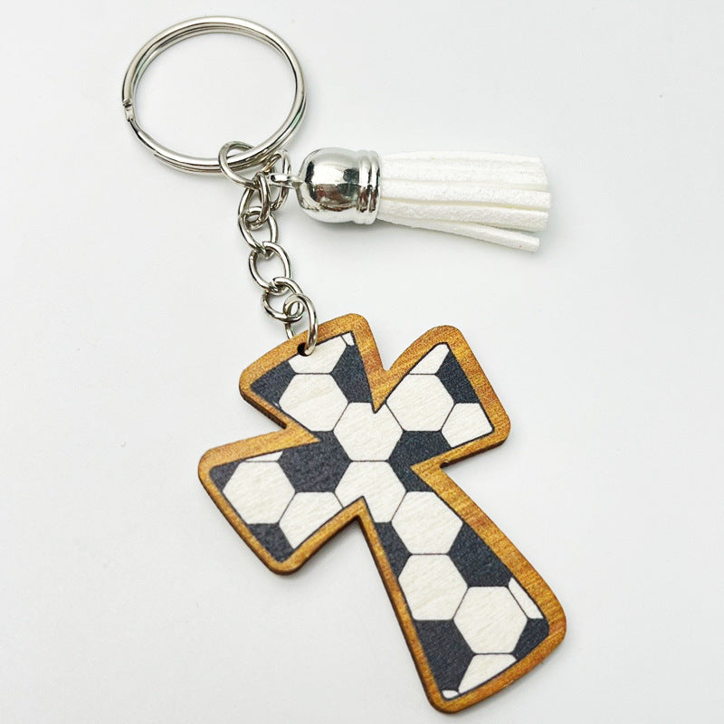 Wholesale 2pcs Football Basketball Faith Cross Wooden Vintage Keychain