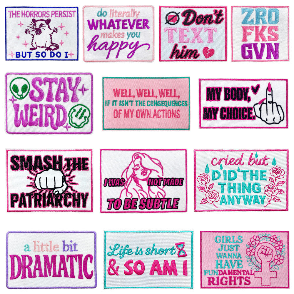 Wholesale Pink English Letter Gold Plaid Polyester Iron On Embroidered Patch DIY Craft Supply For Coat Decoration