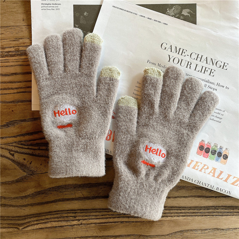 Wholesale Winter Letter Touch Screen Warm and Cold-proof Cycling Plush Knitted Five-finger Gloves