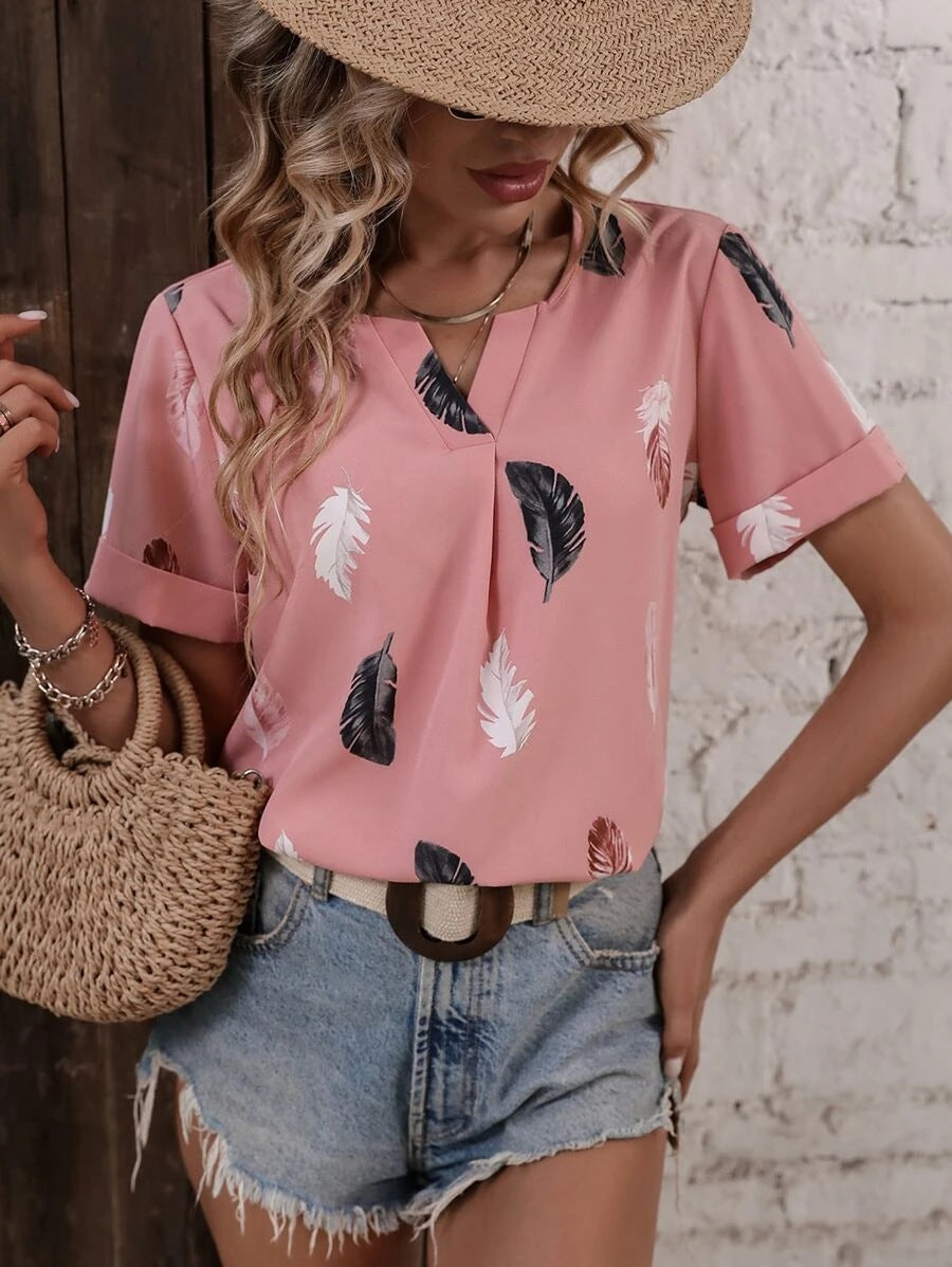 Wholesale Feather Pattern Printed V Neck Loose Short Sleeves