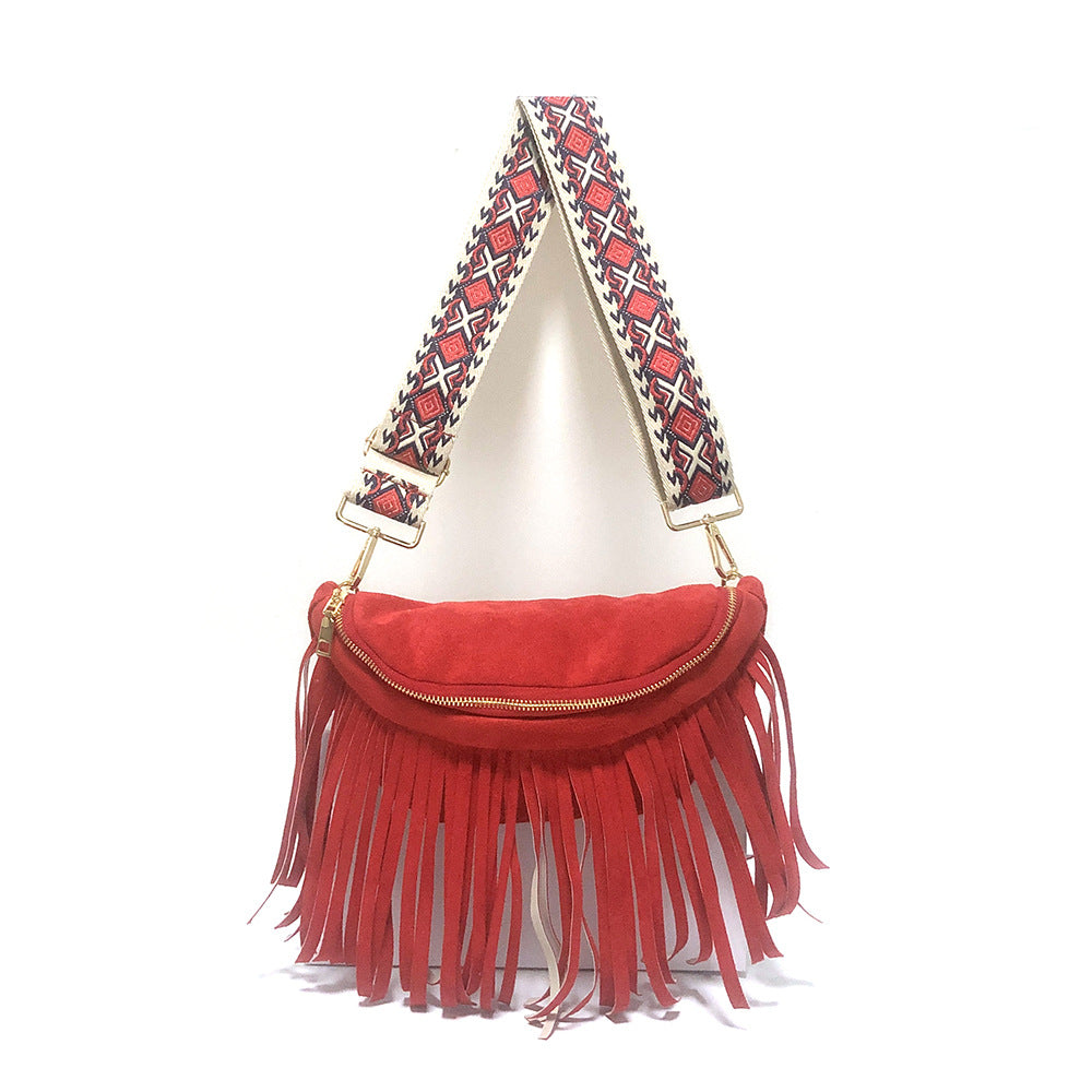 Wholesale Retro Ethnic Style Wide Shoulder Strap Detachable Tassel Bag PU Crossbody Bag