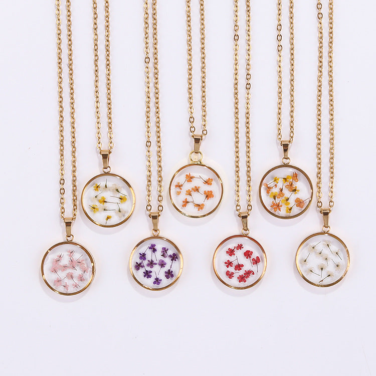 Wholesale 6pcs Simple Resin Stainless Steel Round Dripping Glue Dried Flower Necklace