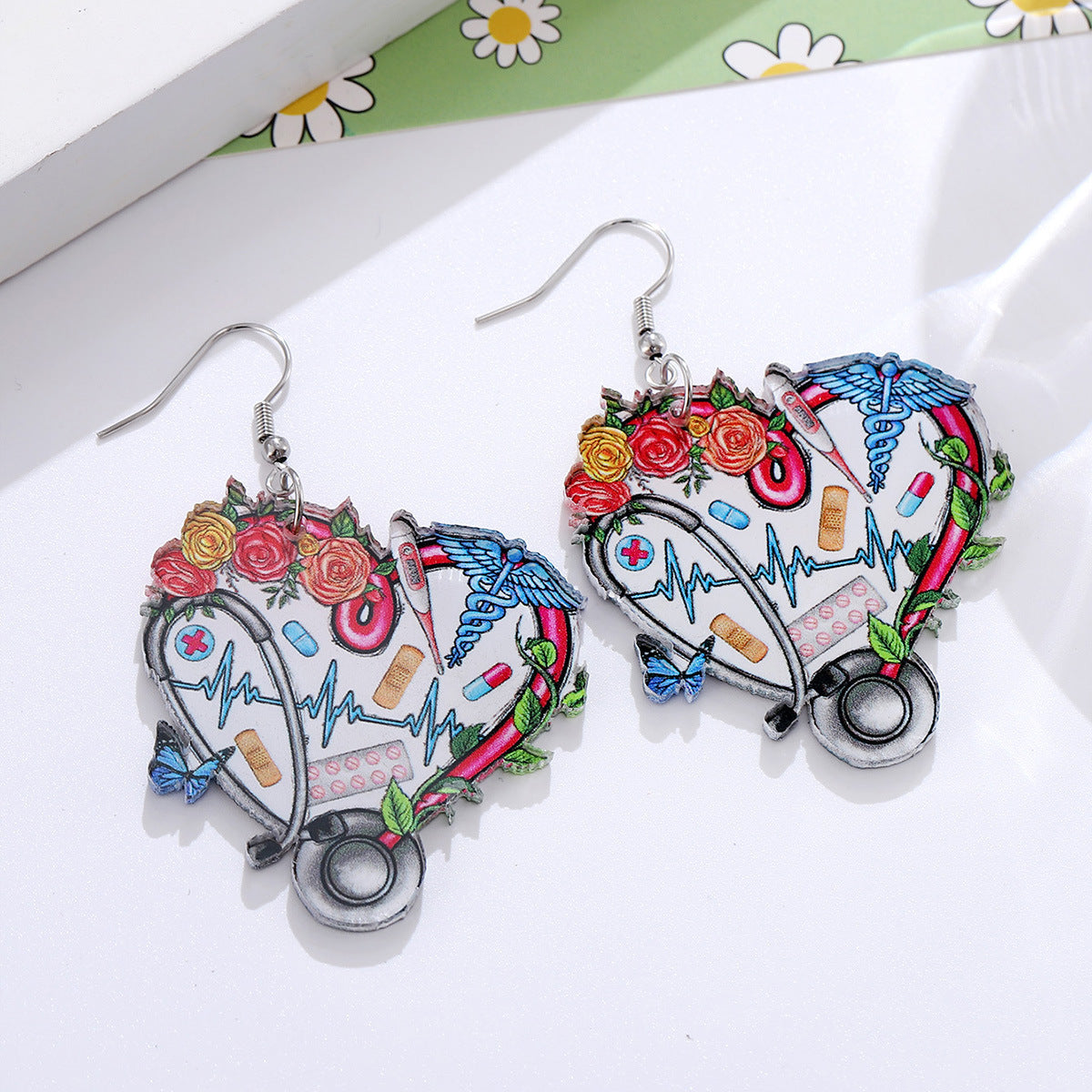 Wholesale Stethoscope Cow Print Heart Flower Pendant Earrings