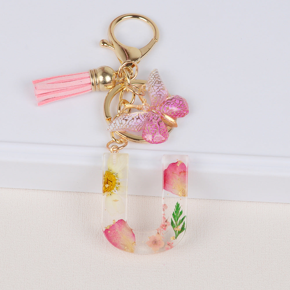 卸売ドライフラワーレター樹脂キーホルダー