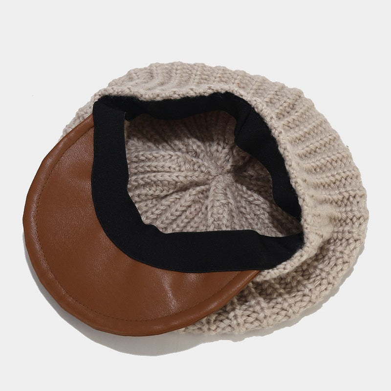 Wholesale Cotton Yarn Stitching Design Leather Knit Cap