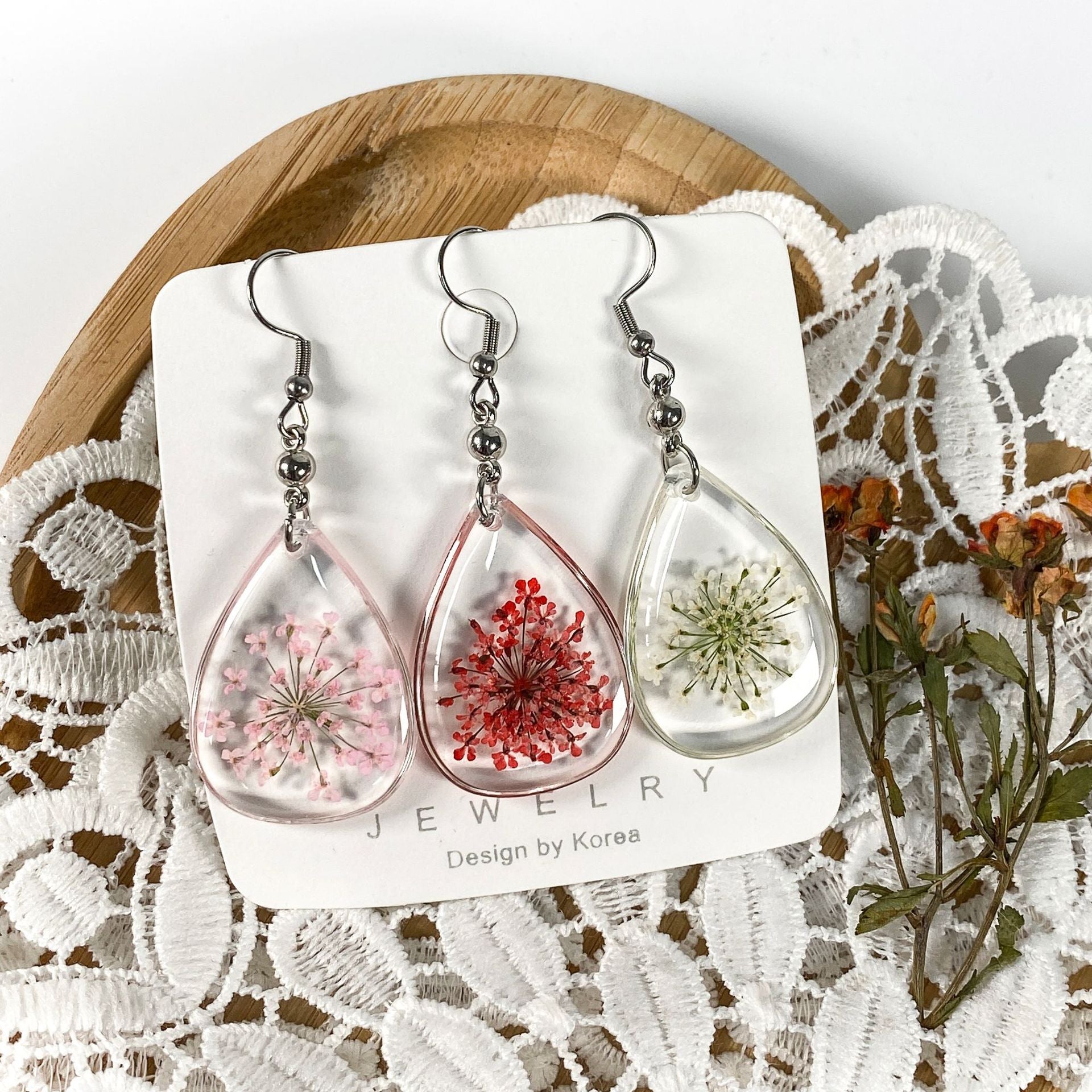 Wholesale 6pcs Colorful Lace Dried Flower Drip Resin Earrings