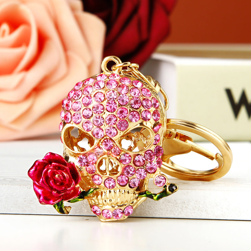 Wholesale Diamond Inlaid Rose Skull Metal Keychains