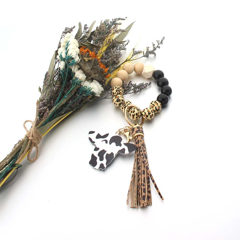 Wholesale Bull Head Wooden Plaque Leopard Print Wooden Beads Wrist Keychain