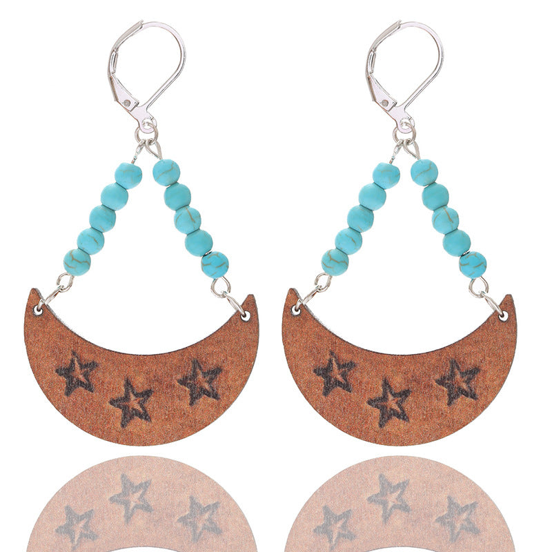 Wholesale Bohemian Moon Star Bee Print Hollow Acrylic Wood Earrings