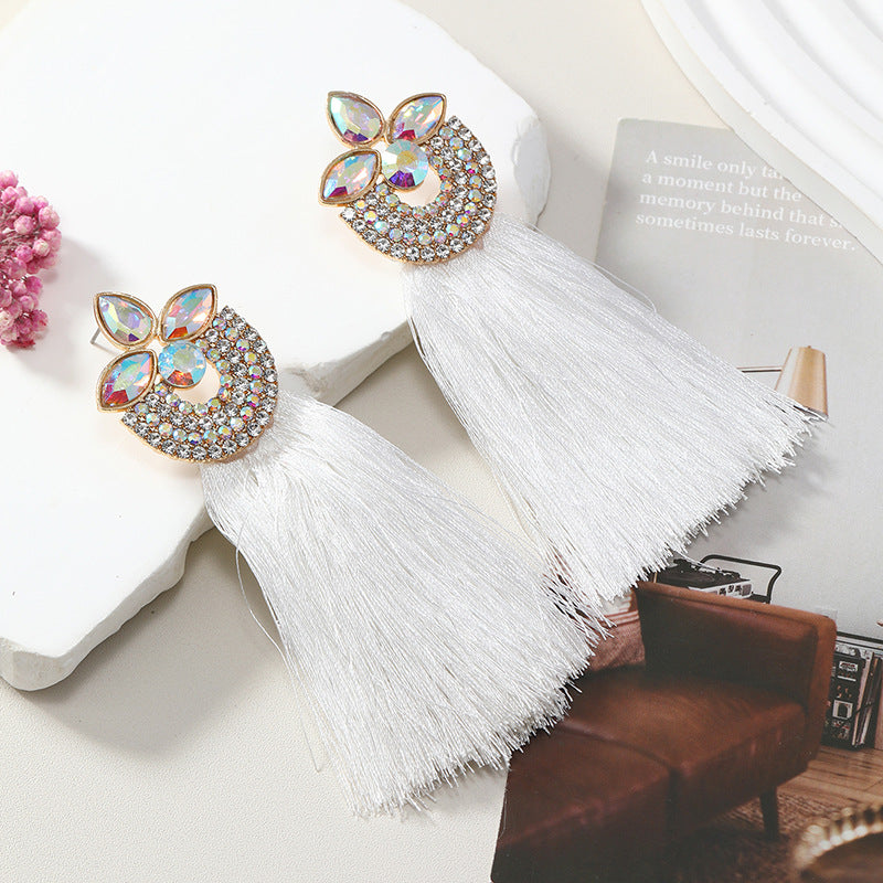 Wholesale Alloy Diamond Inlaid Flower Long Ring Tassel Earrings