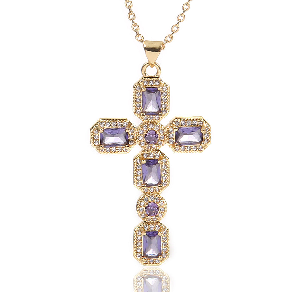 Wholesale  Religious Inlaid Zircon Cross Pendant Copper Necklace