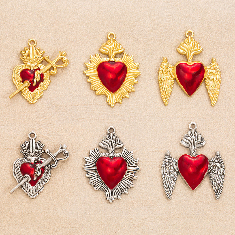 Wholesale 20pcs Retro Gothic style red heart alloy relief accessories love wings necklace pendant