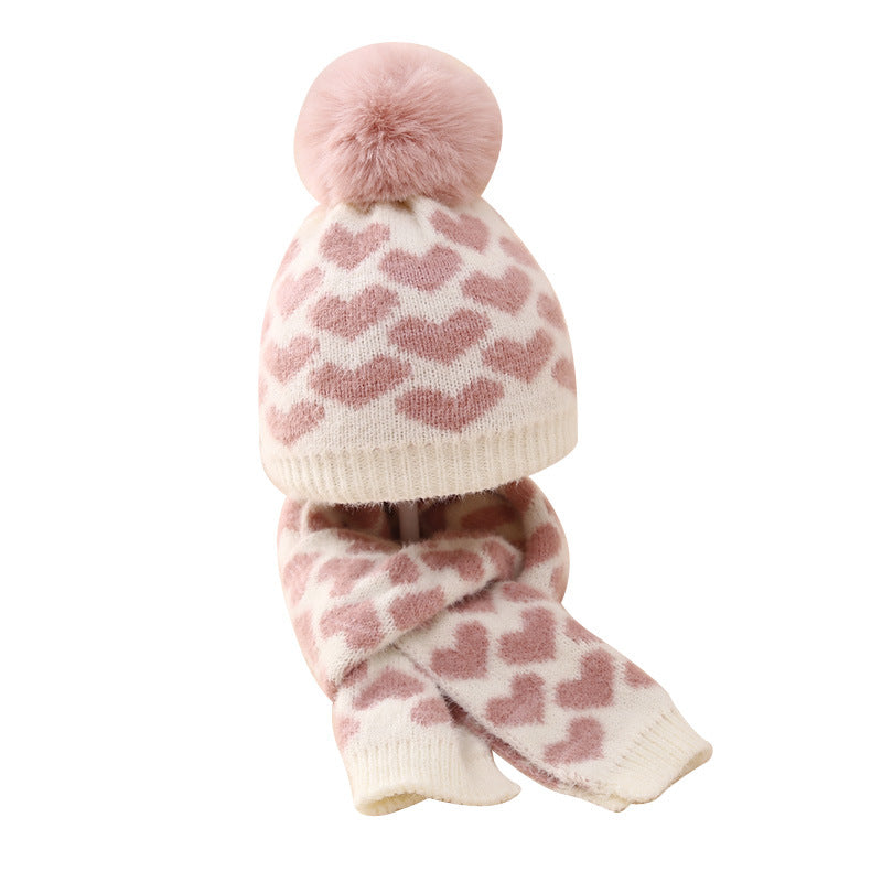 Wholesale Baby Love Knitted Hat Scarf Winter Warm Suit
