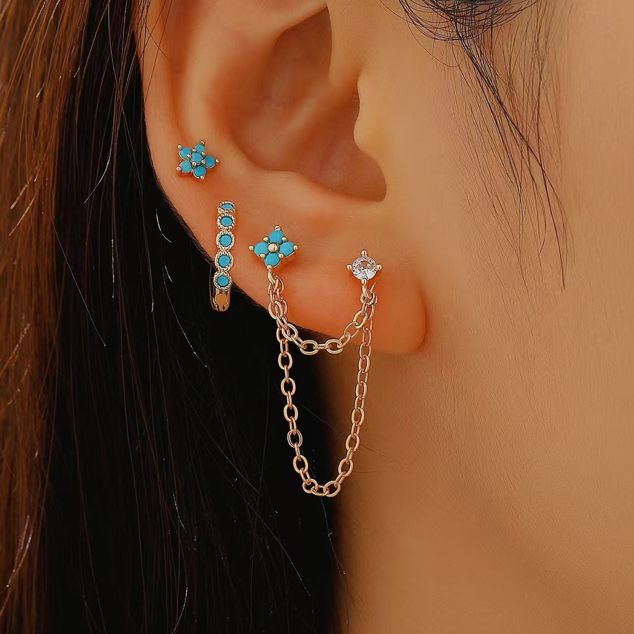 Wholesale Three piece set of asymmetrical earrings for stars and moon