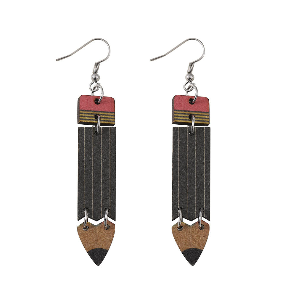 Wholesale Rainbow Pencil Double Sided Wooden Student Teacher Earrings