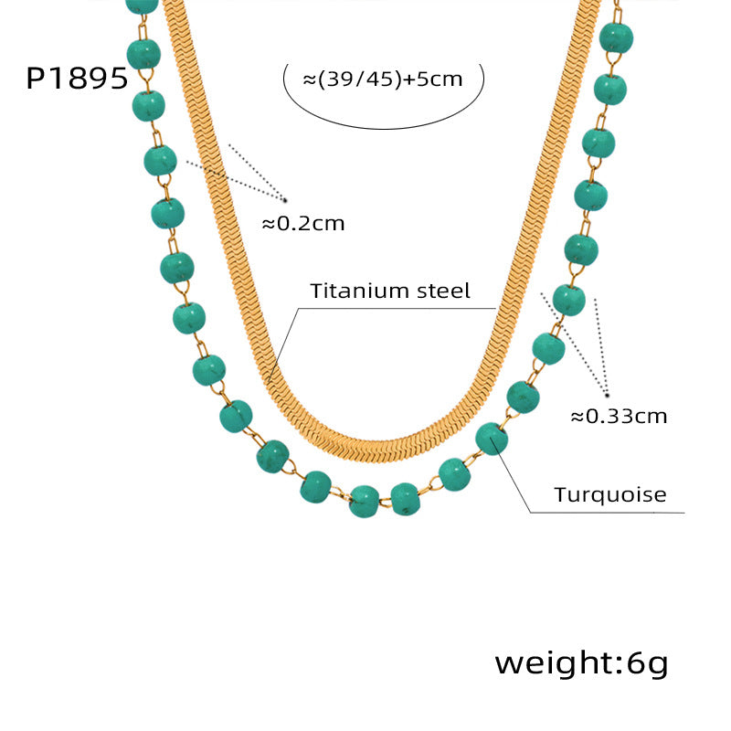 Wholesale Turquoise Beaded Double Layer Flat Snake Chain Titanium Steel Necklace