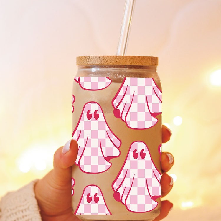Wholesale Cute Pink Cartoon The Loving Ghost 16oz Cup UV DTF Wraps